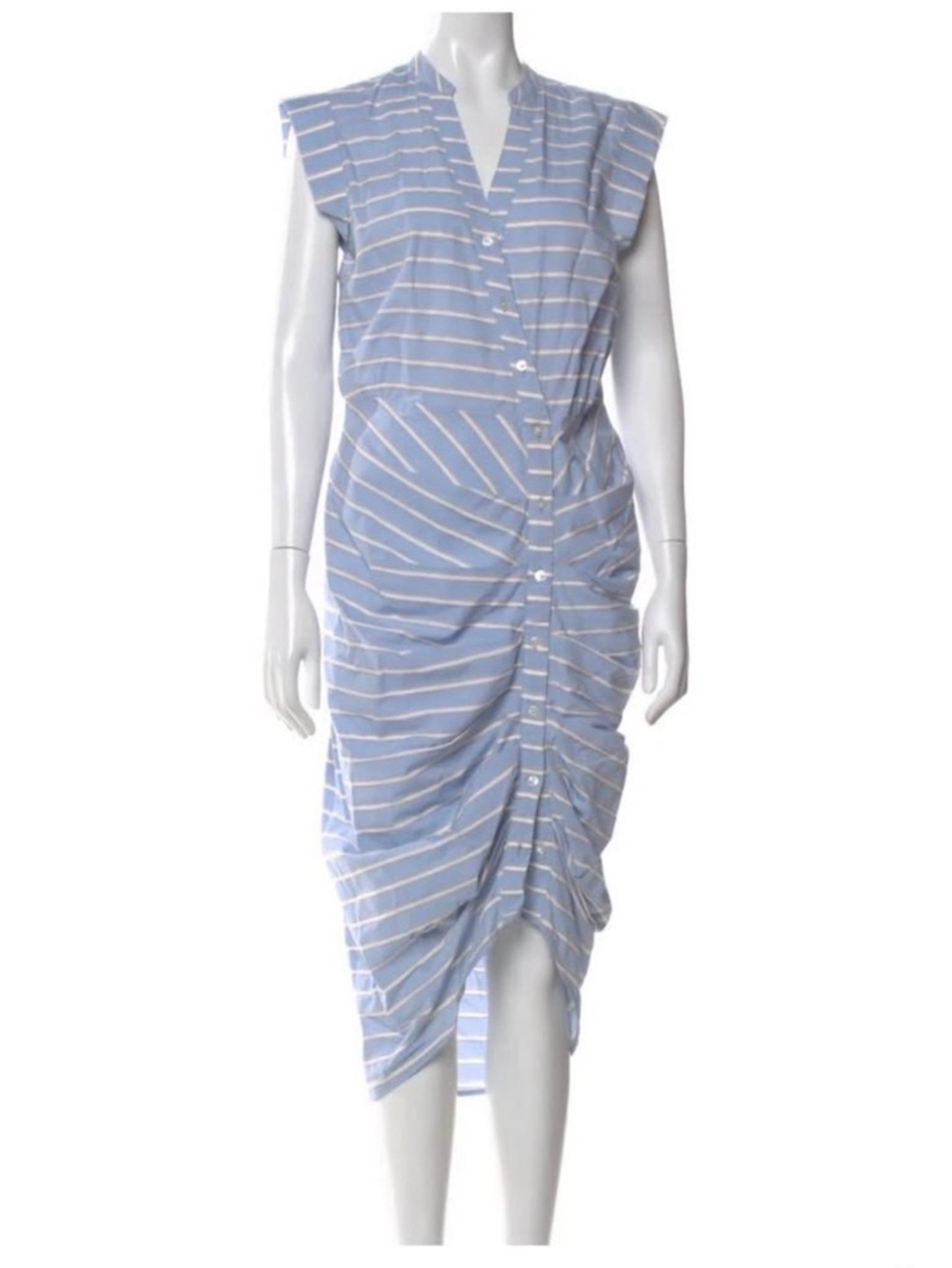 Veronica Beard Sky Blue & White Striped Ruched Button-Front Midi Dress